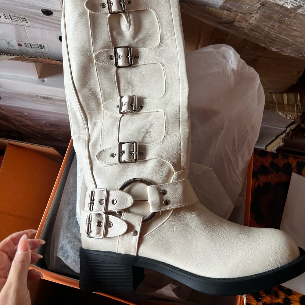 CREAM WHITE MOTO COMBAT BIKER BUCKLE BOOTIES - Picture 6 of 6